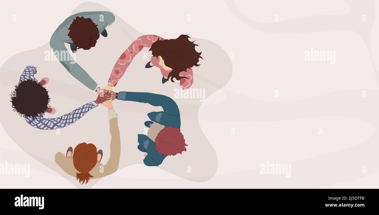 Diverse and multicultural people in a circle with hands on top of each other. Top view.Diversity people.Racial equality. Concept of teamwork community Stock Vector