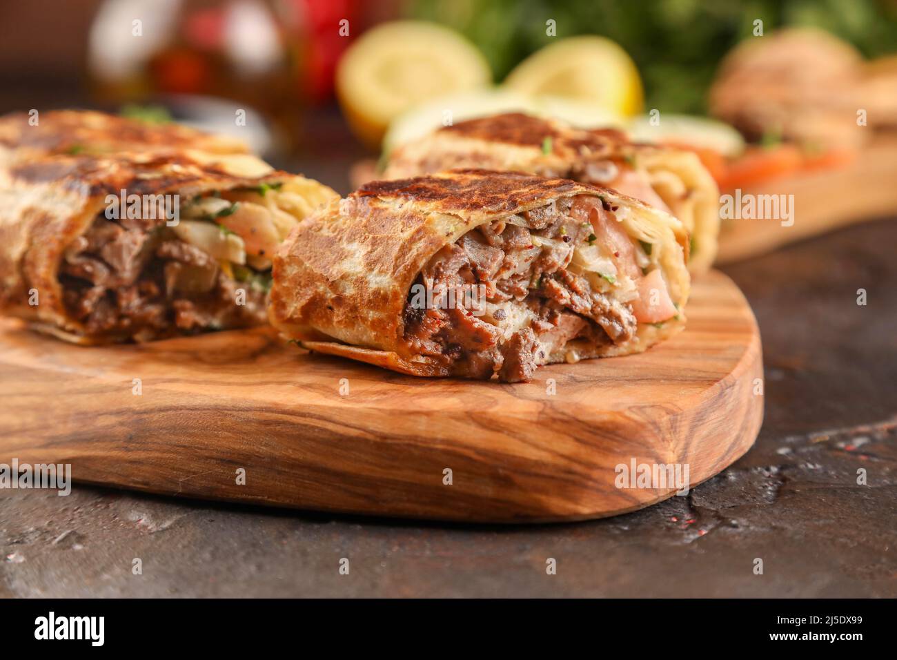 Beef shawarma durum doner kebab copy space. kafta shawarma beef pita wrap roll sandwich traditional arab mid east food Stock Photo