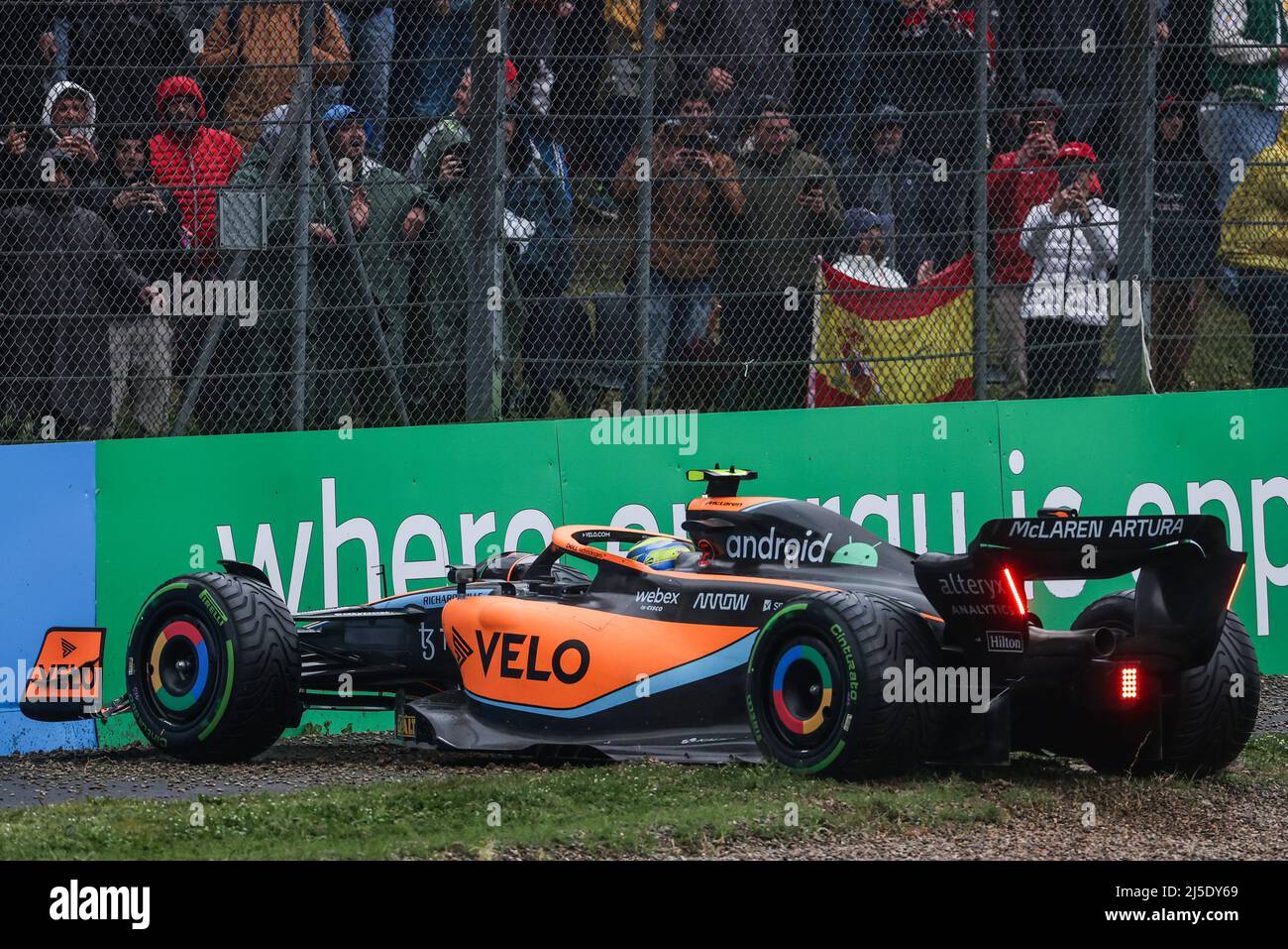 Imola, Italy. 22nd Apr, 2022. Lando Norris (GBR) McLaren MCL36 spins into the gravel during qualifying. 22.04.2022