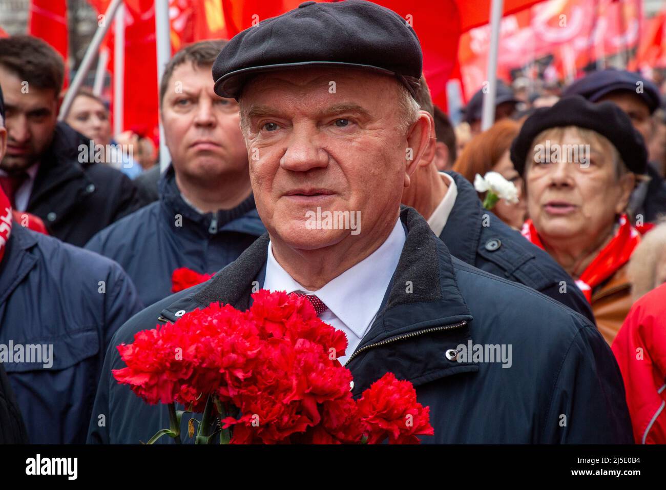 Moscow, Russia. 22th April, 2022. CPRF leader Gennady Zyuganov (C) and members and supporters of the Communist Party the Russian Federation (CPRF) are seen during a flower laying ceremony at the Mausoleum in Red Square marking the 152nd birthday of Vladimir Lenin in Moscow, Russia. Credit: Nikolay Vinokurov/Alamy Live News Stock Photo