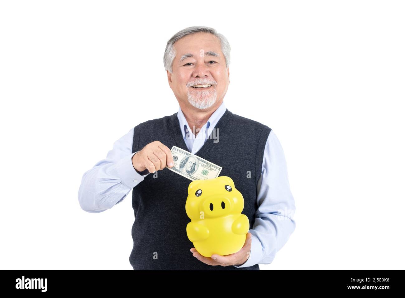 finance elderly man hold piggy savings money wealth with copy space for ...