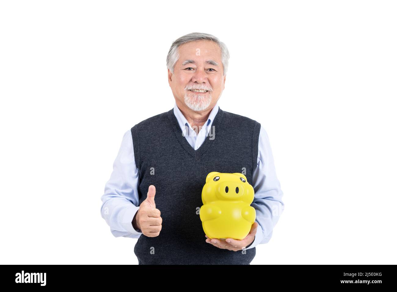 finance elderly man hold piggy savings money wealth with copy space for ...