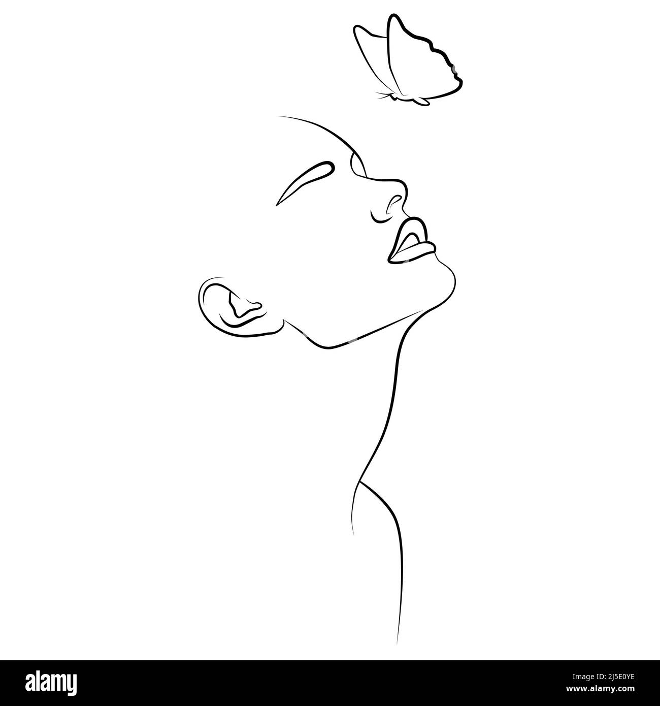 A woman's face with a butterfly composition. Handdrawn vector linear