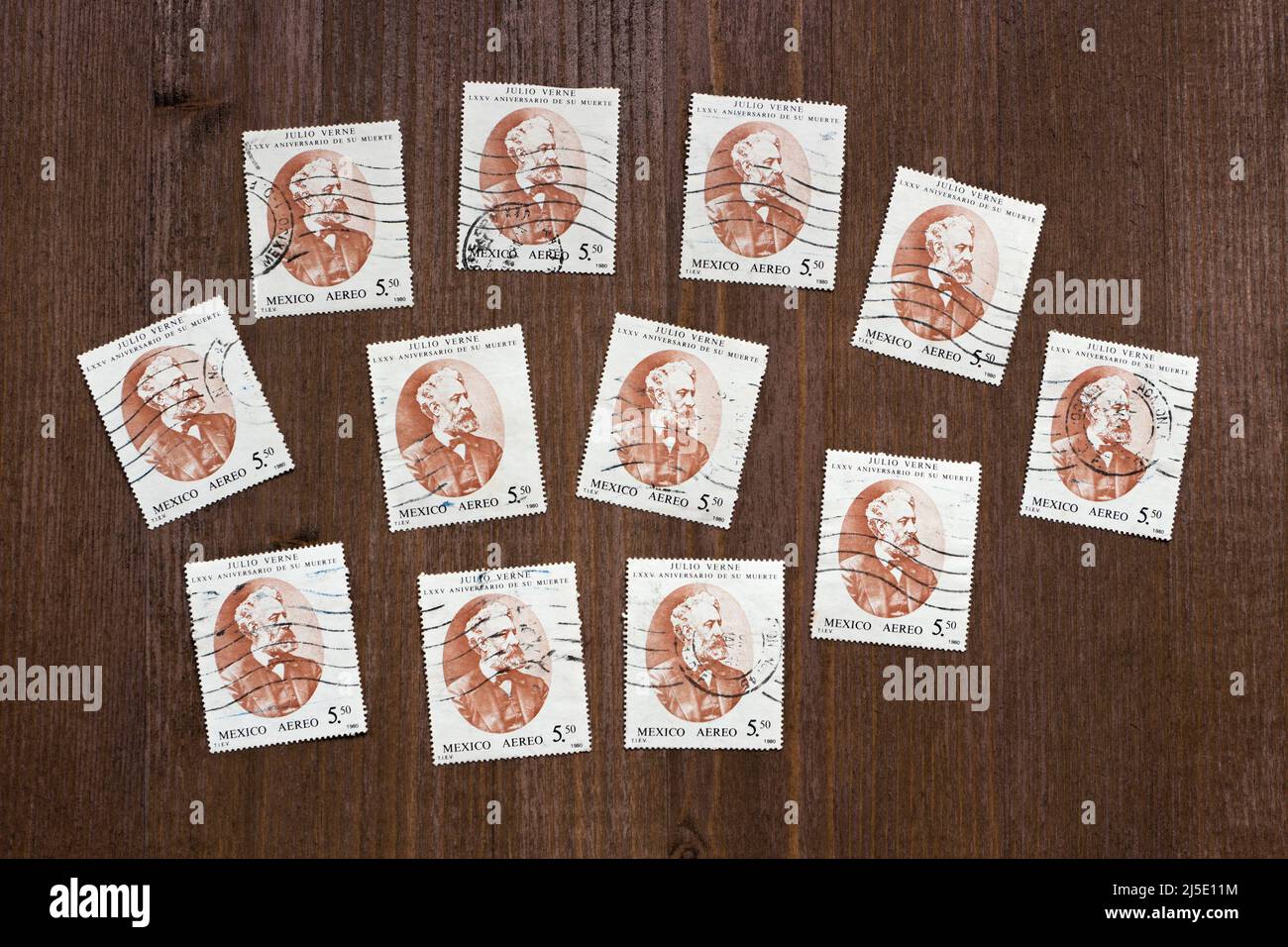 Several of postage stamps with the Portrait of  Jules Verne, french novelist, poet, and playwright, Mexico,  1980 Stock Photo
