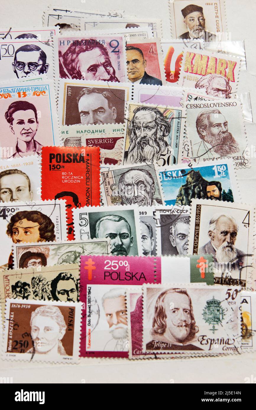 Postage stamps with the portraits of famous people Stock Photo