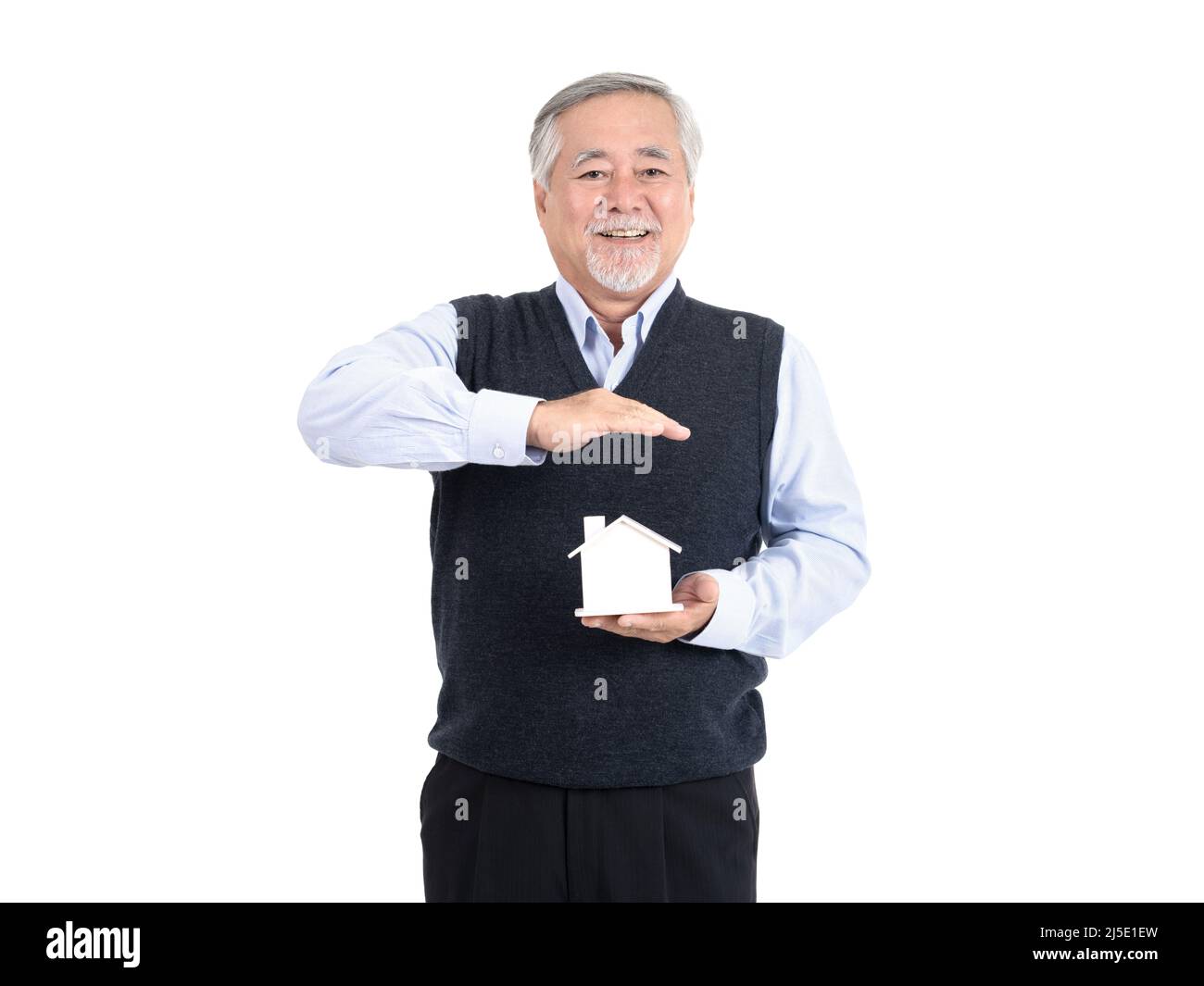 Adult senior old man hold house with copy space for your promotional or text isolated on white background ,Property investment and mortgage financial Stock Photo