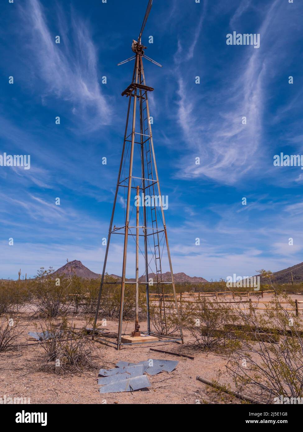 Bates Well Ranch, west windmill, Bates Well Road, Organ Pipe Cactus National Monument, Arizona. Stock Photo