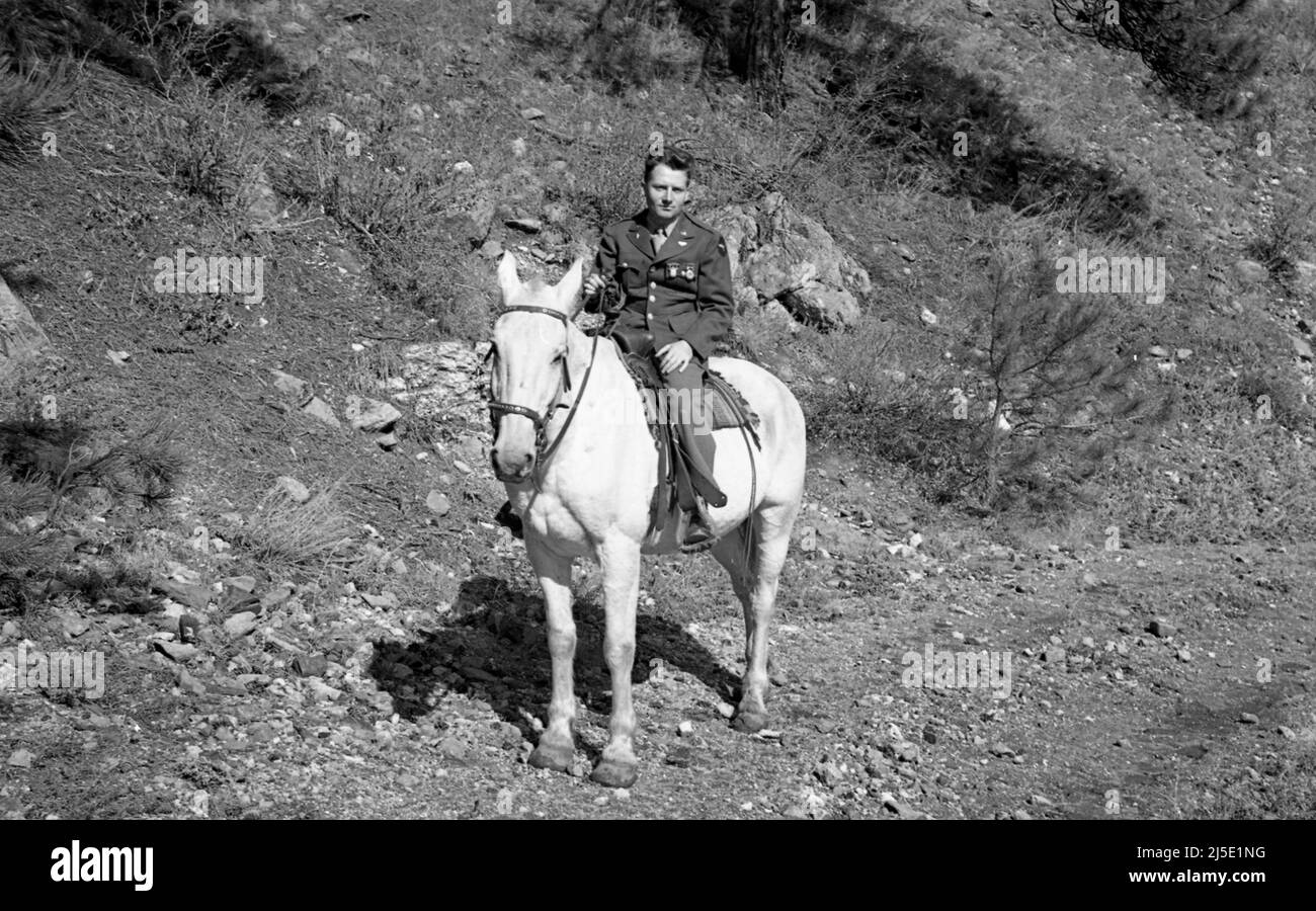 front on view of airforce captain riding a white horse in colorado Stock Photo