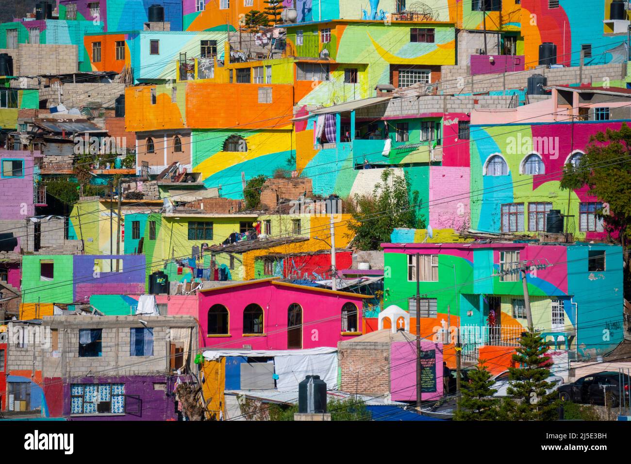 Colorful living district in Pachuca, Hidalgo state, Mexico. Grand Mural - Colorful buildings in Cubitos colonia Stock Photo