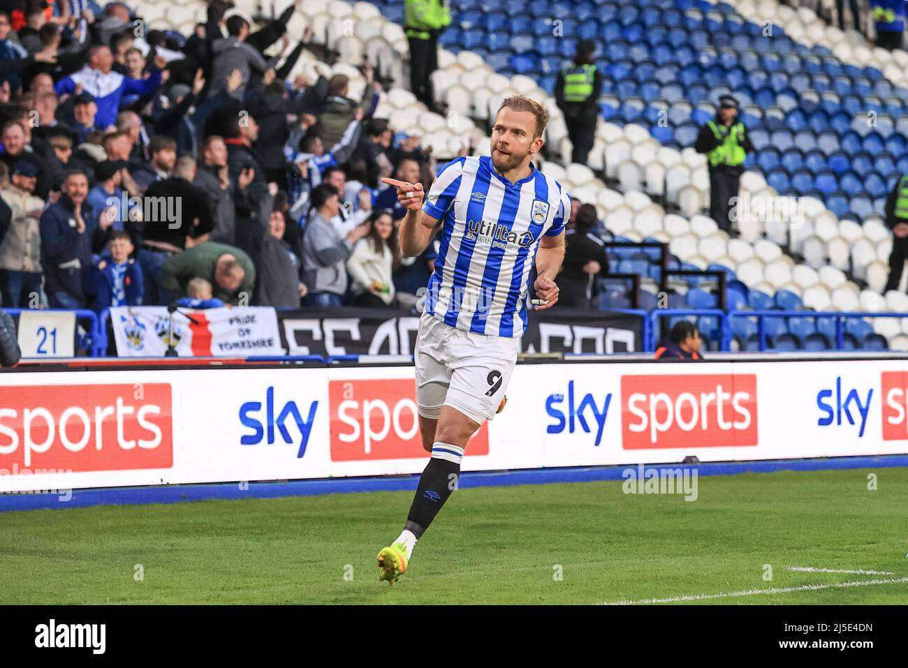 Huddersfield, UK. 22nd Apr, 2022. Jordan Rhodes #9 of Huddersfield Town  celebrates his goal to make it 1-0 in Huddersfield, United Kingdom on  4/22/2022. (Photo by Mark Cosgrove/News Images/Sipa USA) Credit: Sipa
