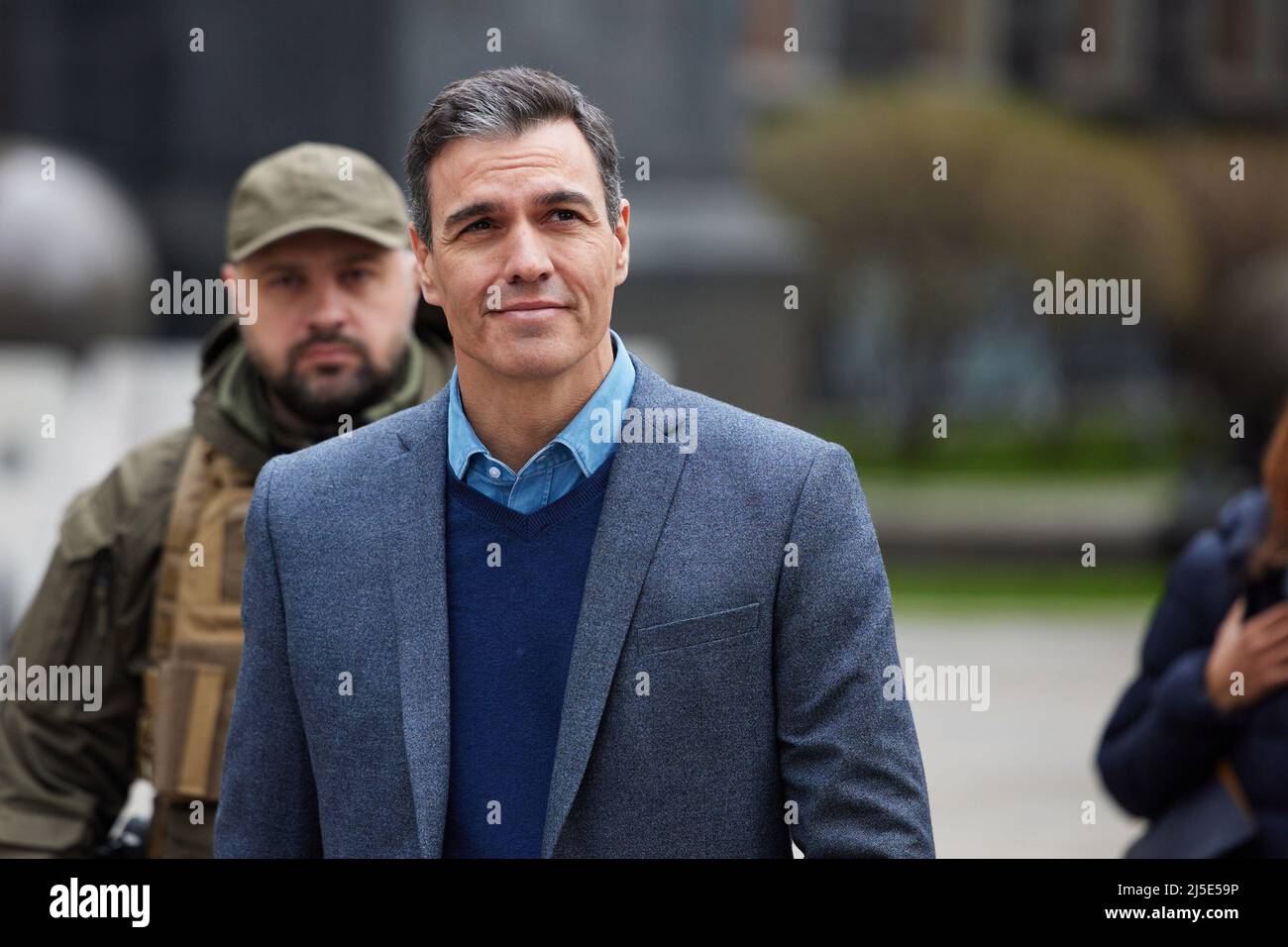 Kyiv, Ukraine. 21st Apr, 2022. Spanish Prime Minister, PEDRO SANCHEZ (R) arrives to meet with the Ukrainian president. Sanchez and Frederiksen are visiting the country to show their support to the Ukrainian President amid Russia's invasion of the country. Credit: Ukraine Presidency/ZUMA Press Wire Service/ZUMAPRESS.com/Alamy Live News Stock Photo