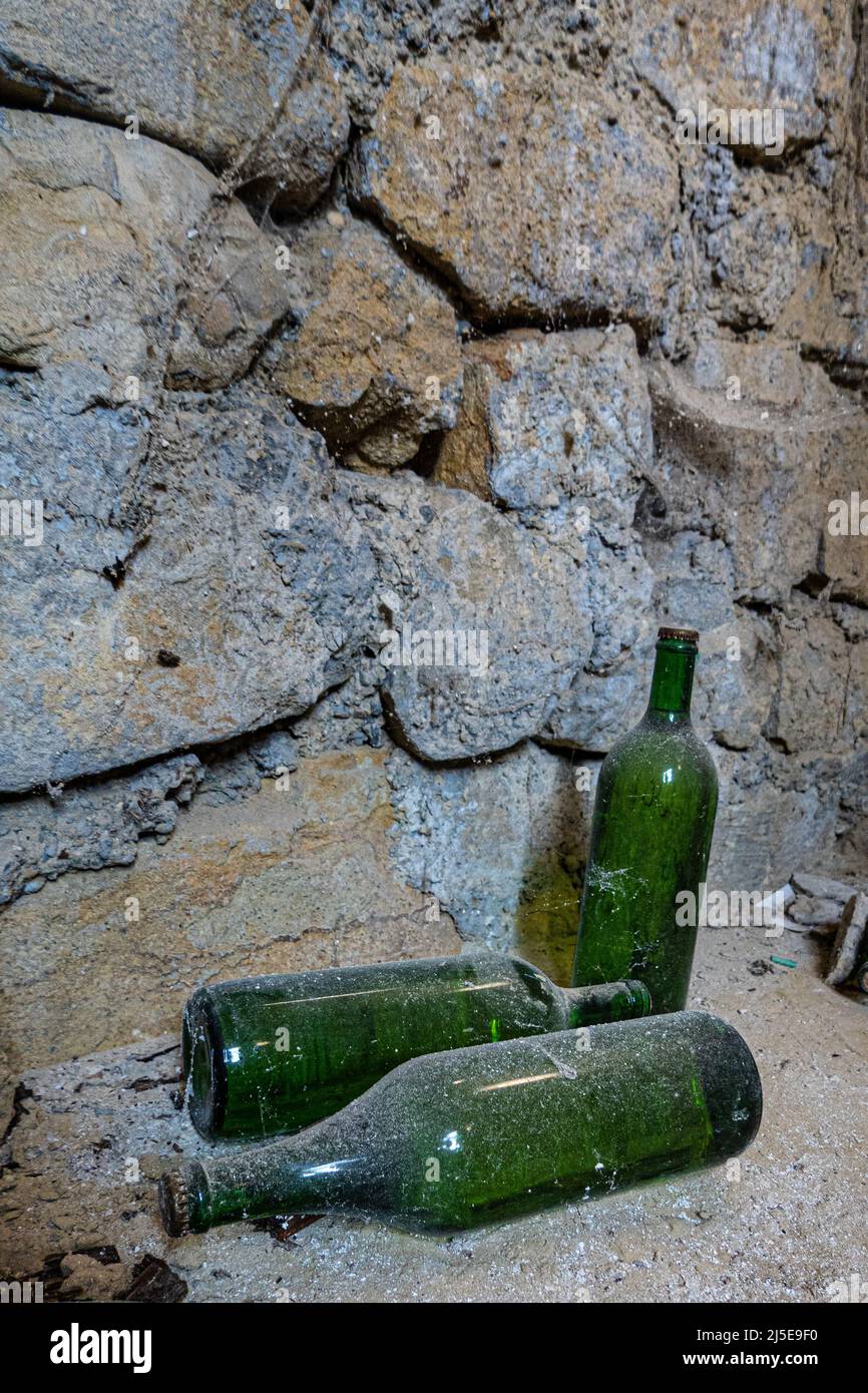 hiking through a wine cellar alley in Lower Austria Stock Photo