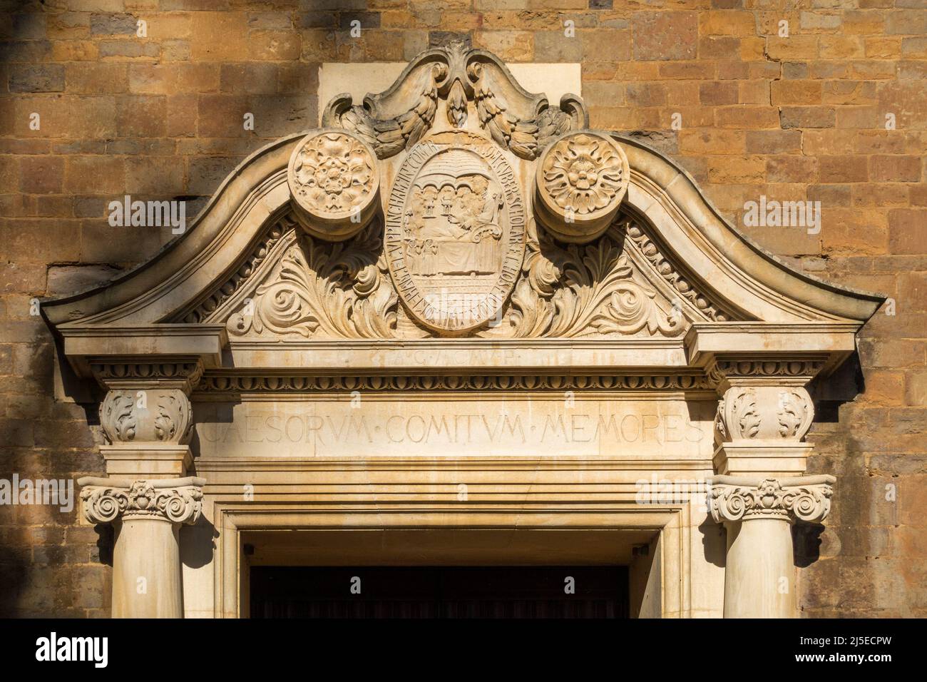 Ornate masonry and stonework around entrance to Uppingham School Theatre, Rutland, England, UK Stock Photo