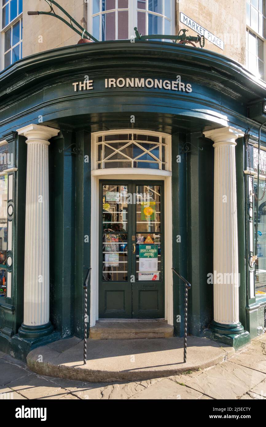 Pretty Ironmongers shop door, Norton and Son traditional hardware shop, Uppingham, Rutland, England, UK Stock Photo