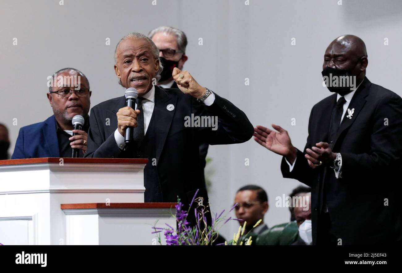 Rev. Al Sharpton gives the eulogy as Peter Siku translates to Swahili for Patrick Lyoya, an unarmed Black man who was shot and killed by a Grand Rapids Police officer during a traffic stop on April 4, during his funeral at Renaissance Church of God in Christ in Grand Rapids, Michigan, U.S., April 22, 2022. REUTERS/Rebecca Cook Stock Photo