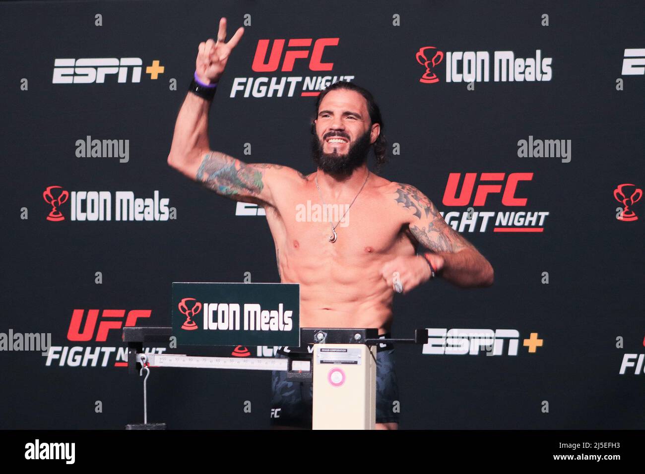 Las Vegas, USA. 22nd Apr, 2022. LAS VEGAS, NV - APRIL 22: Clay Guida steps on the scale during the UFC Fight Night 205: Lemos v Andrade: Weigh-in at UFC Apex on April 22, 2022 in Las Vegas, Nevada, United States. (Photo by Diego Ribas/PxImages) Credit: Px Images/Alamy Live News Stock Photo