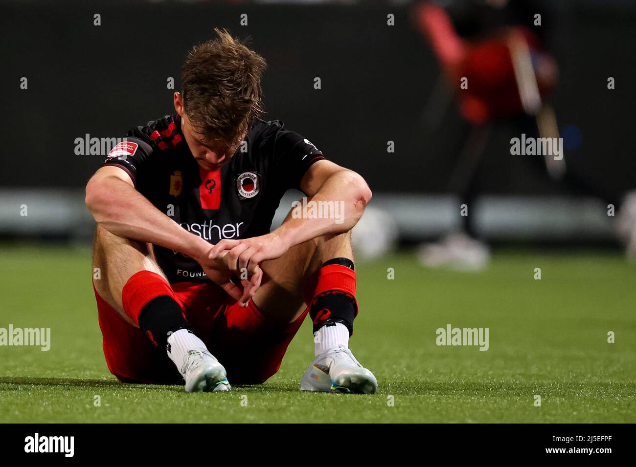 ROTTERDAM, NETHERLANDS - APRIL 22: Thijs Dallinga of Excelsior Rotterdam looks dejected during the Dutch Keukenkampioendivisie match between Excelsior Rotterdam and Jong AZ at the Van Donge & De Roo Stadion on April 22, 2022 in Rotterdam, Netherlands (Photo by Herman Dingler/Orange Pictures) Credit: Orange Pics BV/Alamy Live News Stock Photo