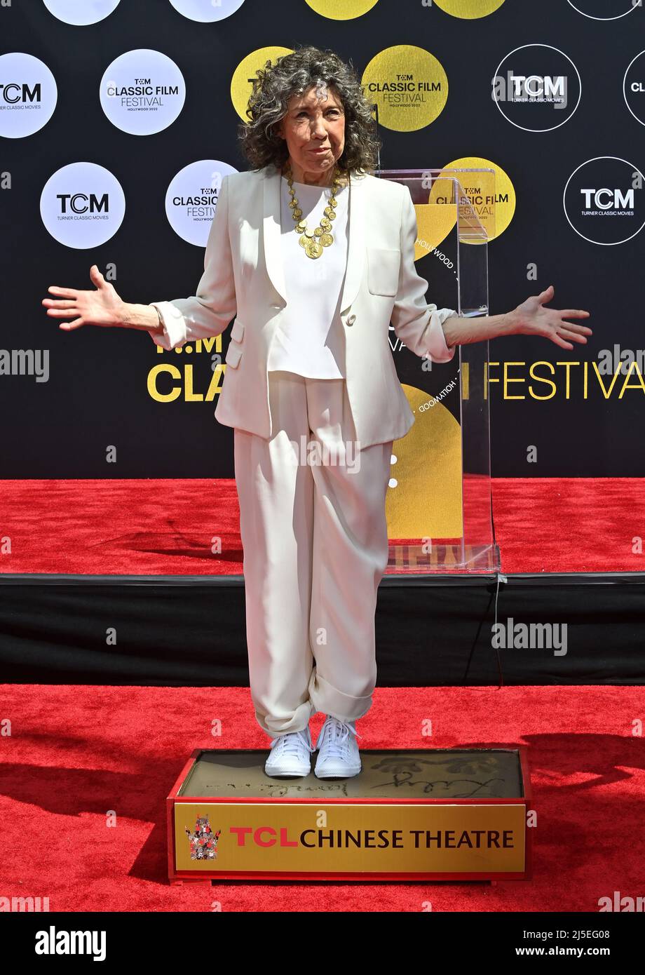 Los Angeles, USA. 22nd Apr, 2022. Actress Lily Tomlin participates in a hand and footprint ceremony immortalizing her in the forecourt of the TCL Chinese Theatre (formerly Grauman's) in the Hollywood section of Los Angeles on Friday, April 22, 2022. Photo by Jim Ruymen/UPI Credit: UPI/Alamy Live News Stock Photo