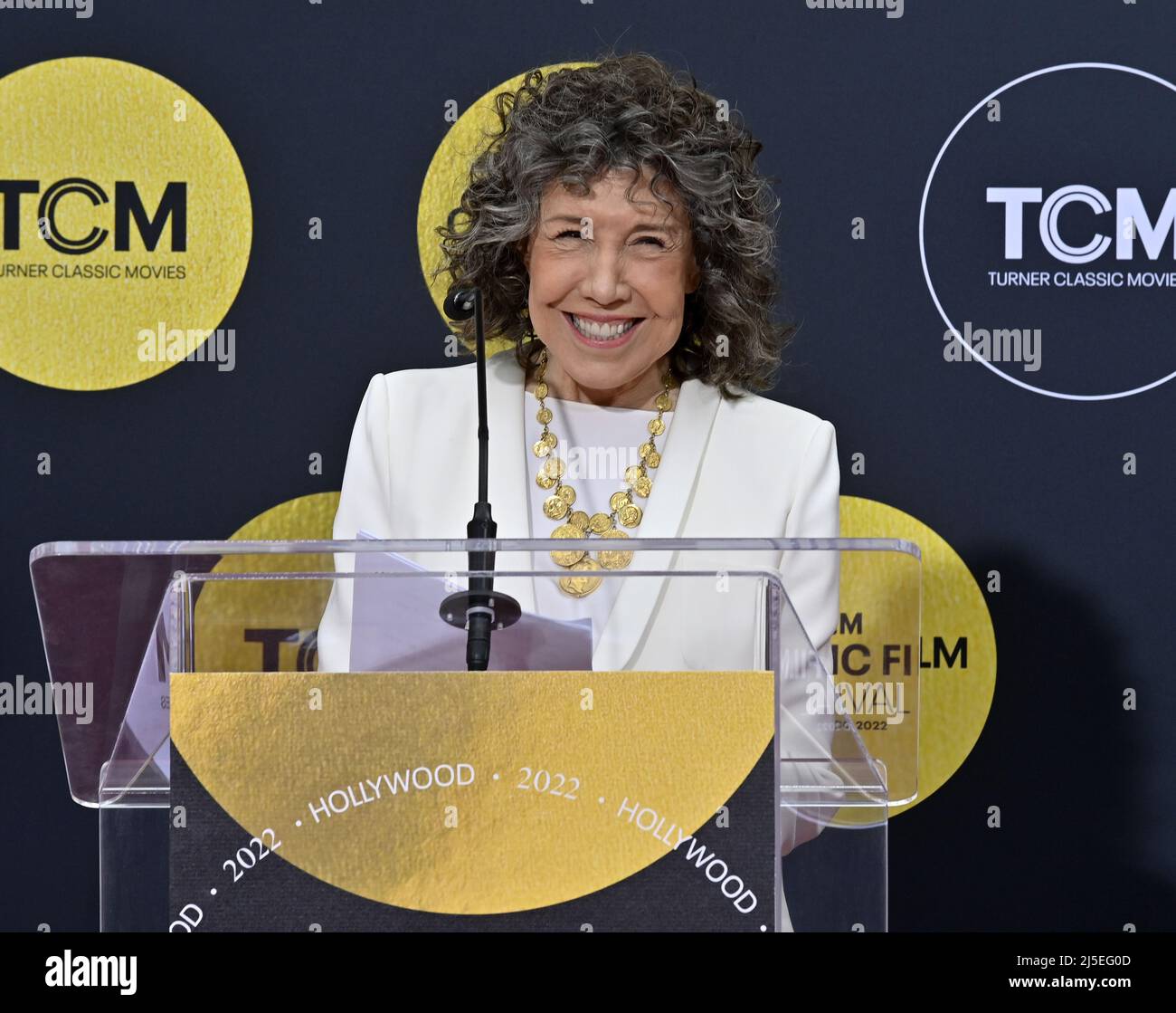 Los Angeles, USA. 22nd Apr, 2022. Actress Lily Tomlin participates in a hand and footprint ceremony immortalizing her in the forecourt of the TCL Chinese Theatre (formerly Grauman's) in the Hollywood section of Los Angeles on Friday, April 22, 2022. Photo by Jim Ruymen/UPI Credit: UPI/Alamy Live News Stock Photo