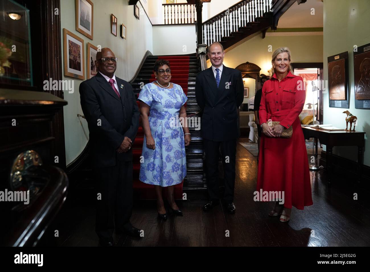 The Earl and the Countess of Wessex meeting His Excellency Mr Cyril Errol Melchiades Charles, Acting Governor-General of Saint Lucia and wife Anysia at Government House in St Lucia at the start of their visit to the Caribbean, to mark the Queen's Platinum Jubilee. Picture date: Friday April 22, 2022. Stock Photo