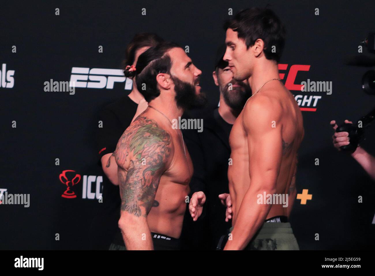 Las Vegas, USA. 22nd Apr, 2022. LAS VEGAS, NV - APRIL 22: (L-R) Clay Guida and Claudio Puelles face off during the UFC Fight Night 205: Lemos v Andrade: Weigh-in at UFC Apex on April 22, 2022 in Las Vegas, Nevada, United States. (Photo by Diego Ribas/PxImages) Credit: Px Images/Alamy Live News Stock Photo