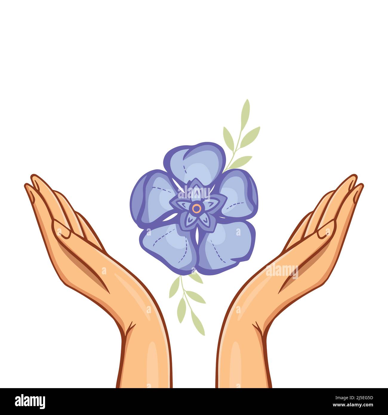 Periwinkle flower in a middle of Raised Women's Hands. Good for Feminine and Eco Friendly Products illustration Stock Vector