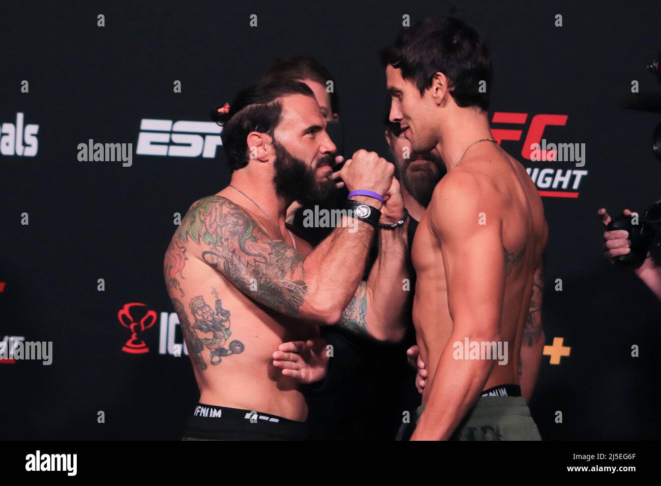 Las Vegas, USA. 22nd Apr, 2022. LAS VEGAS, NV - APRIL 22: (L-R) Clay Guida and Claudio Puelles face off during the UFC Fight Night 205: Lemos v Andrade: Weigh-in at UFC Apex on April 22, 2022 in Las Vegas, Nevada, United States. (Photo by Diego Ribas/PxImages) Credit: Px Images/Alamy Live News Stock Photo