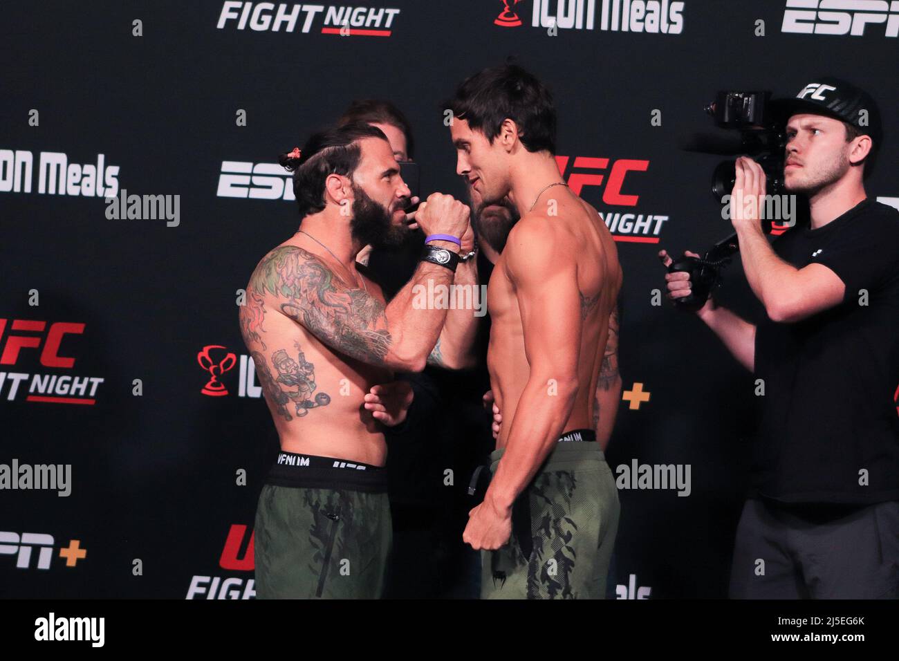 Las Vegas, USA. 22nd Apr, 2022. LAS VEGAS, NV - APRIL 22: (L-R) Clay Guida and Claudio Puelles face off during the UFC Fight Night 205: Lemos v Andrade: Weigh-in at UFC Apex on April 22, 2022 in Las Vegas, Nevada, United States. (Photo by Diego Ribas/PxImages) Credit: Px Images/Alamy Live News Stock Photo