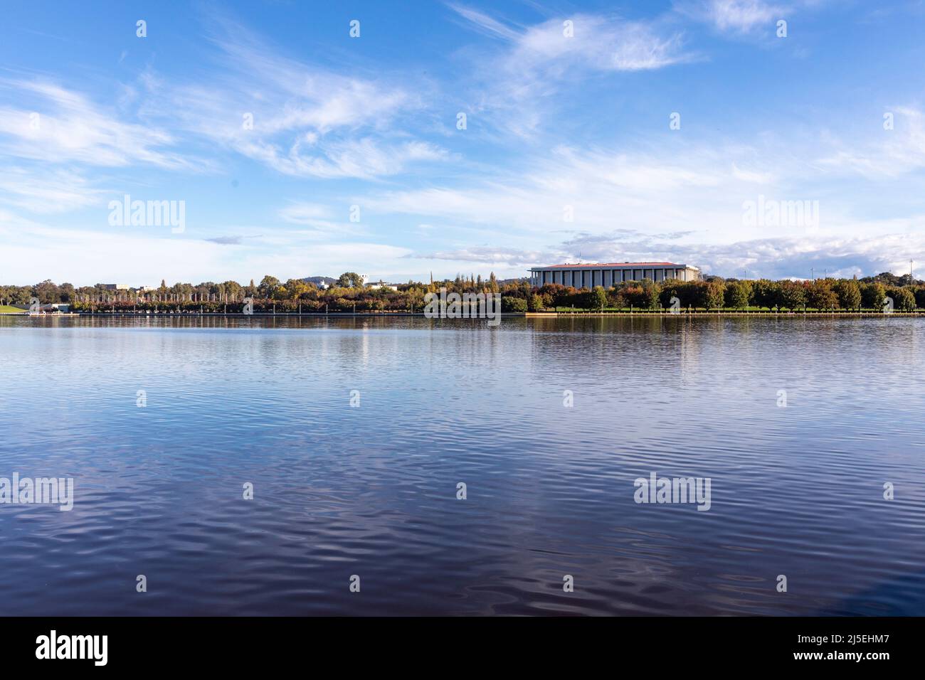 Lake Burley Griffin in Canberra city centre with National Library ...