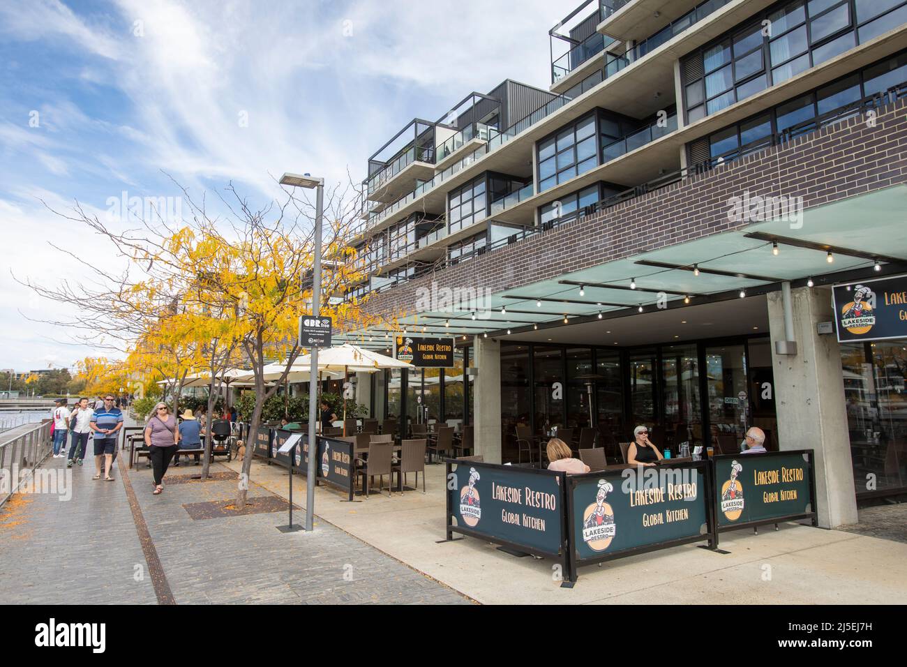 Kingston foreshire in Canberra and restaurants with people eating lunch,Canberra,ACT,Australia