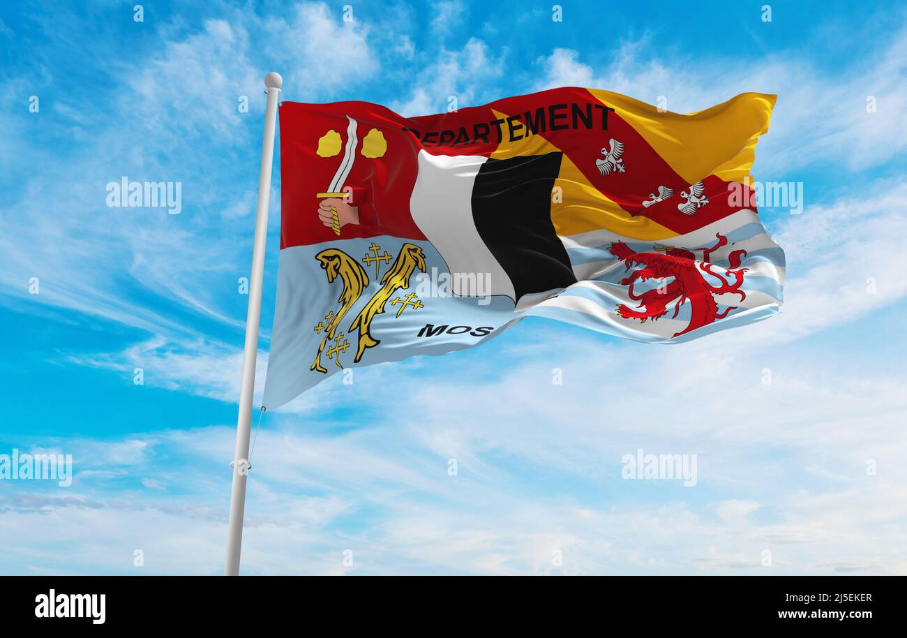 flag of department of Moselle, France at cloudy sky background on