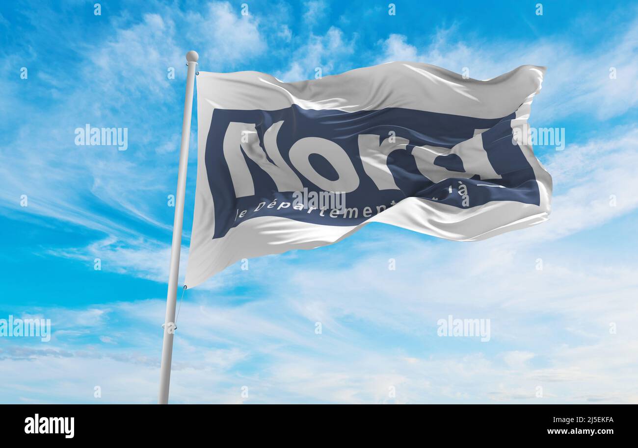 flag of department of Nord, France at cloudy sky background on sunset