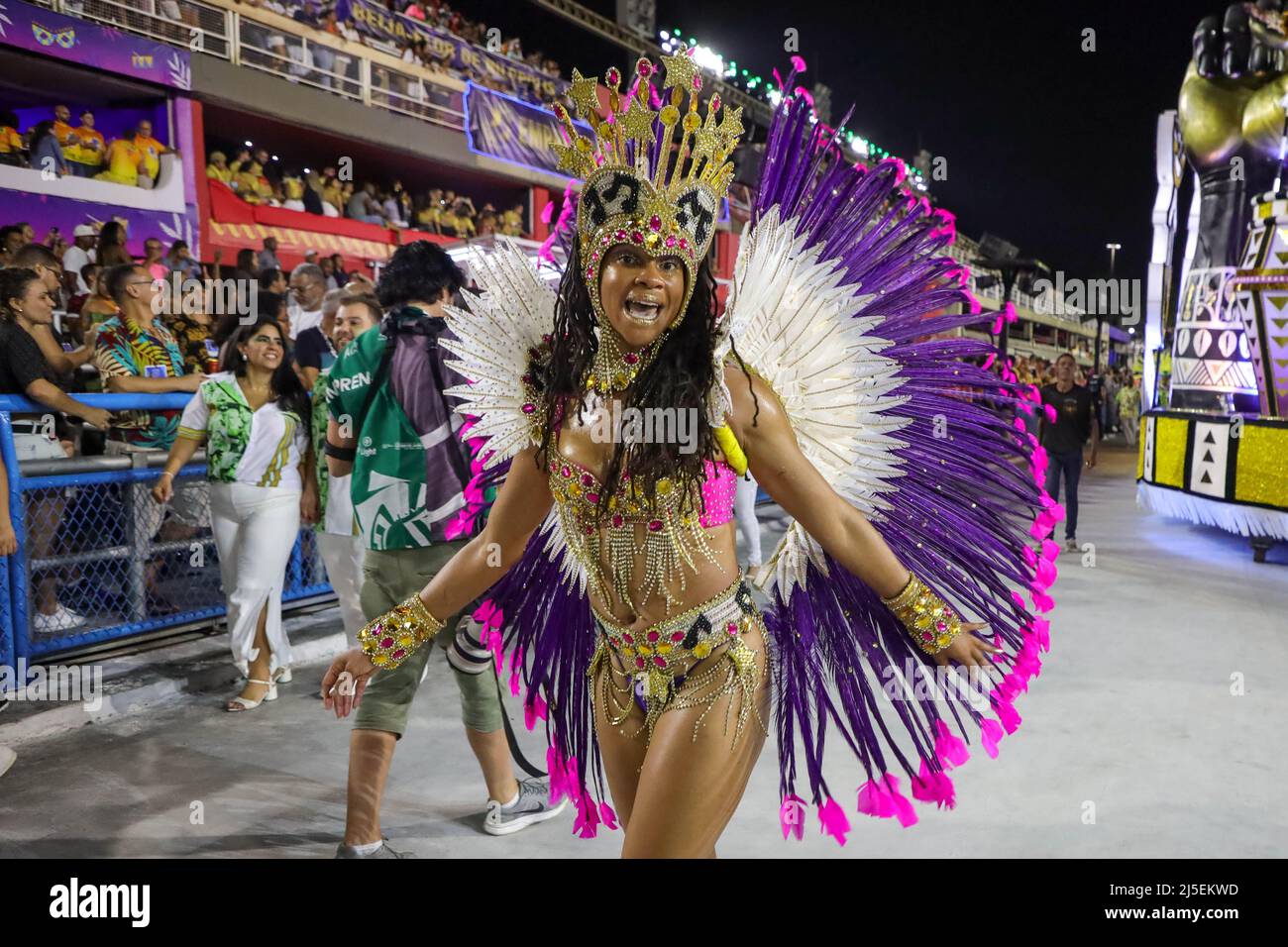 Rio De Janeiro Brazil 22nd Apr 22 Members Of Unidos De Padre Miguel Samba School Perform During The Rio S Carnival Parade At The Sambadrome Marques De Sapucai In Rio De Janeiro