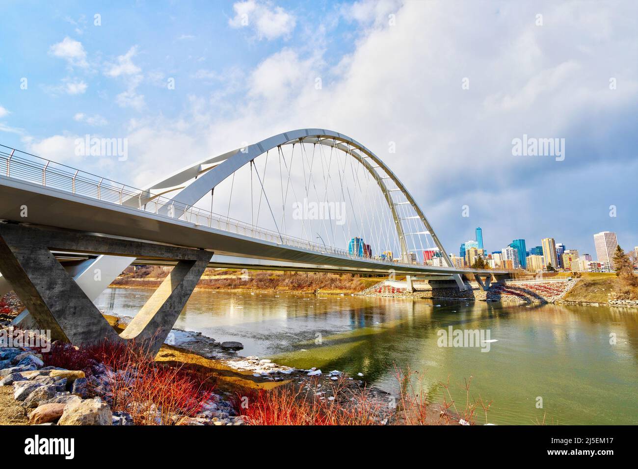 Iconic Walterdale Bridge across the Saskatchewan River leading to downtown Edmonton, Alberta, Canada. Stock Photo