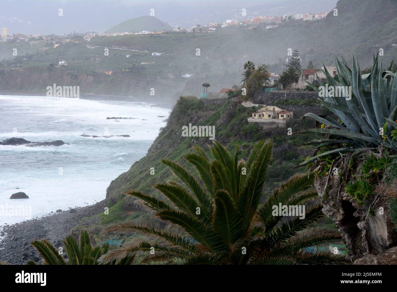 The northern Atlantic coast of the island of Tenerife looking towards Los Realejos, Canary islands, Spain. Stock Photo