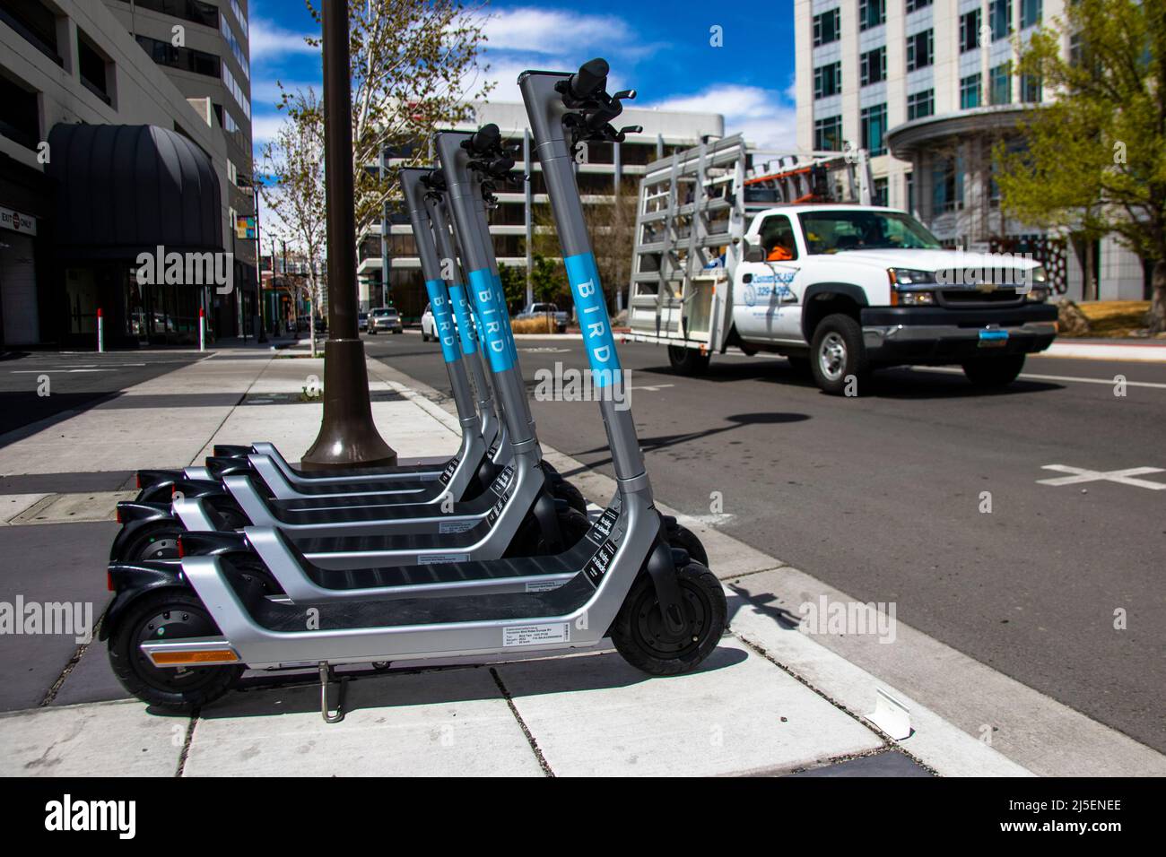 Reno, United States. 21st Apr, 2022. Bird electric scooters by a road