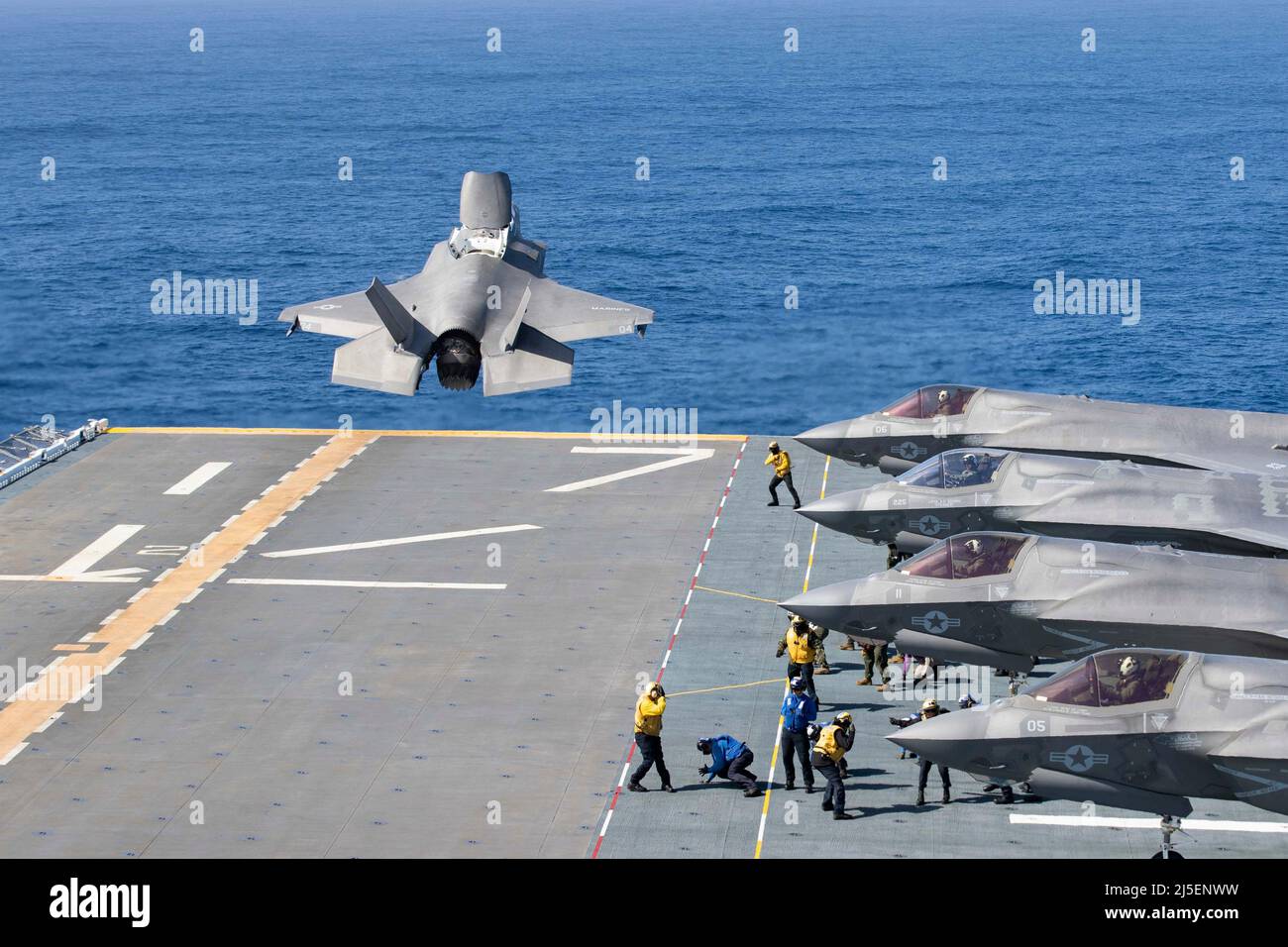 Pacific Ocean, United States. 08 April, 2022. A U.S. Marine Corps F-35B Lightning II aircraft attached to Marine Fighter Attack Squadron 122, launches from the flight deck of the Navy Wasp-class amphibious assault ship USS Tripoli during a routine deployment with the 3rd Fleet, April 8, 2021 off the coast of California, USA.  Credit: MC2 Theodore Quintana/U.S. Navy/Alamy Live News Stock Photo