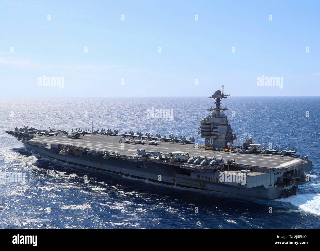 USS Ford, United States. 16 April, 2022. The U.S. Navy USS Gerald R. Ford, lead ship in the Ford Class Aircraft Carriers, underway with Carrier Air Wing 8, during carrier qualifications, April 16, 2022 in the Atlantic Ocean.  Credit: MC2 Riley McDowell/Planetpix/Alamy Live News Stock Photo