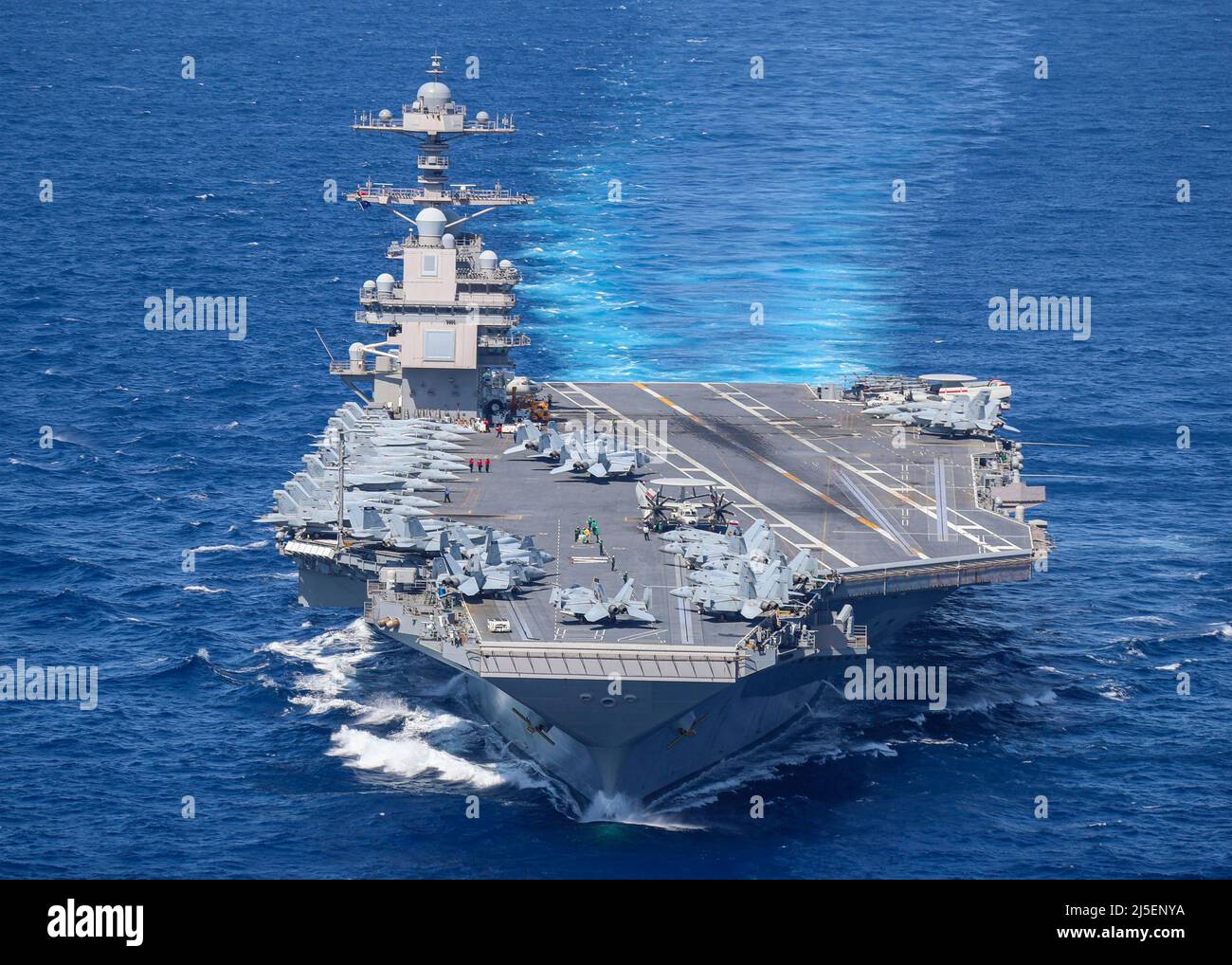 USS Ford, United States. 16 April, 2022. The U.S. Navy USS Gerald R. Ford, lead ship in the Ford Class Aircraft Carriers, underway with Carrier Air Wing 8, during carrier qualifications, April 16, 2022 in the Atlantic Ocean.  Credit: MC2 Riley McDowell/Planetpix/Alamy Live News Stock Photo