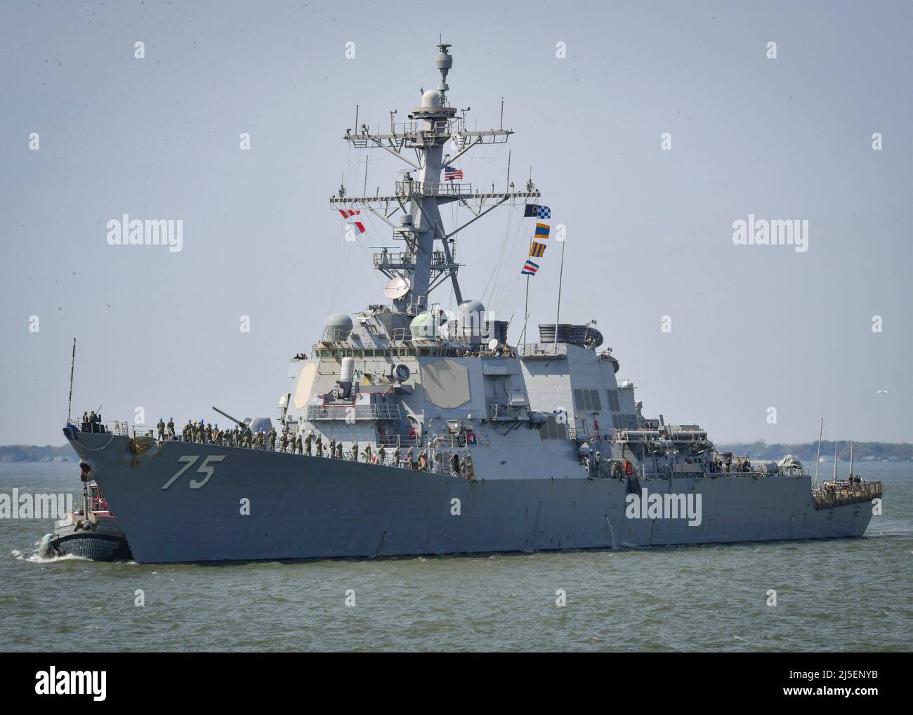 Norfork, United States. 14 April, 2022. The U.S. Navy Arleigh-Burke class guided-missile destroyer USS Donald Cook approaches homeport at Naval Station Norfolk, following a routine deployment April 14, 2022 in the Atlantic Ocean off Virginia.  Credit: MC1 Jacob Milham/Planetpix/Alamy Live News Stock Photo