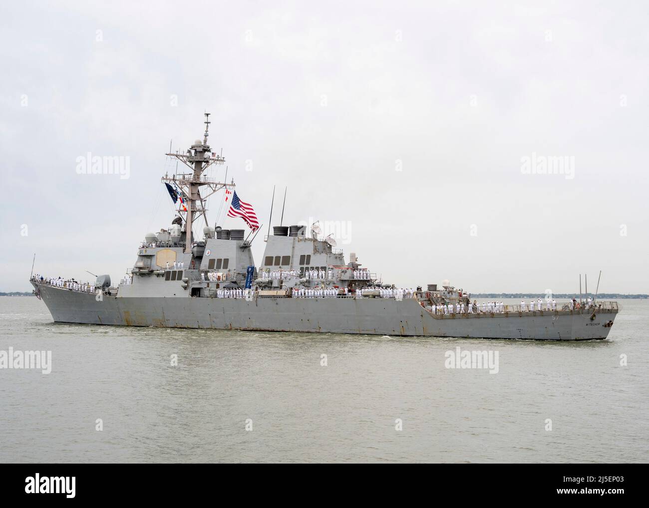 Norfork, United States. 16 April, 2022. The U.S. Navy Arleigh-Burke class guided-missile destroyer USS Mitscher approaches homeport at Naval Station Norfolk, following a routine deployment April 16, 2022 in the Atlantic Ocean off Virginia.  Credit: MC1 Ryan Seelbach/Planetpix/Alamy Live News Stock Photo