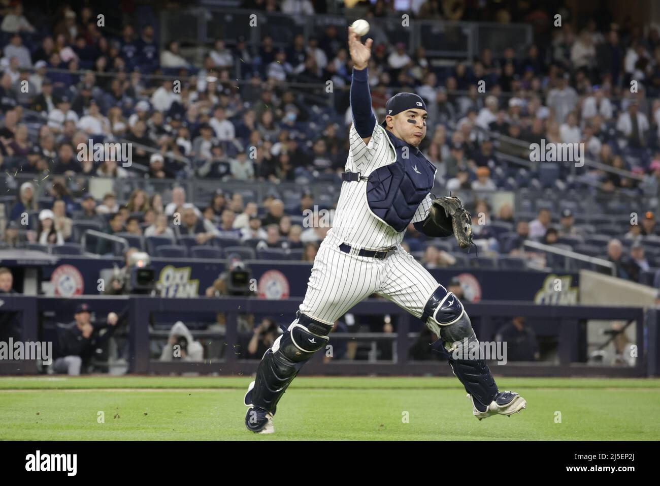 Bronx, USA. 22nd Apr, 2022. New York Yankees catcher Jose Trevino throws  out Cleveland Guardians Steven Kwan for the final out of the third inning  at Yankee Stadium on Friday, April 22
