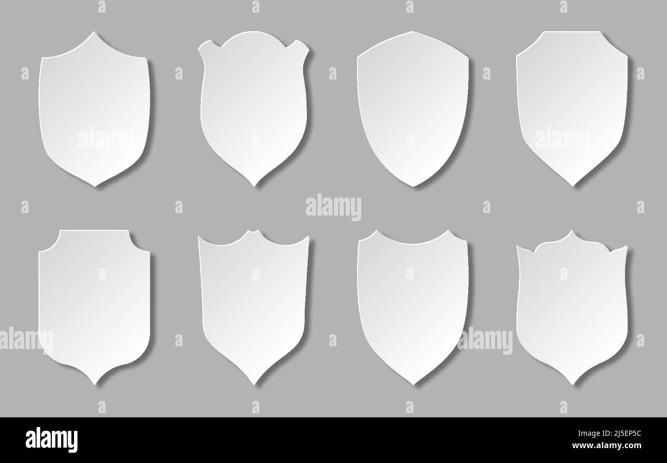 Shield papercut sticker 3d white icon flat set. Protection security guarantee sign. Military armor heraldic symbol. Retro elegant award badge handicraft medieval weapons royal privacy emblem Stock Vector