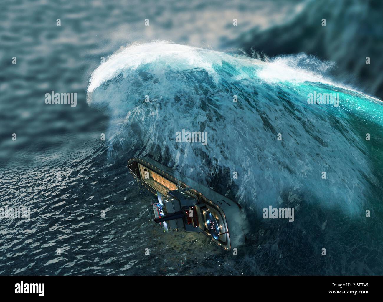 Rogue waves sinking a cargo ship, illustration Stock Photo