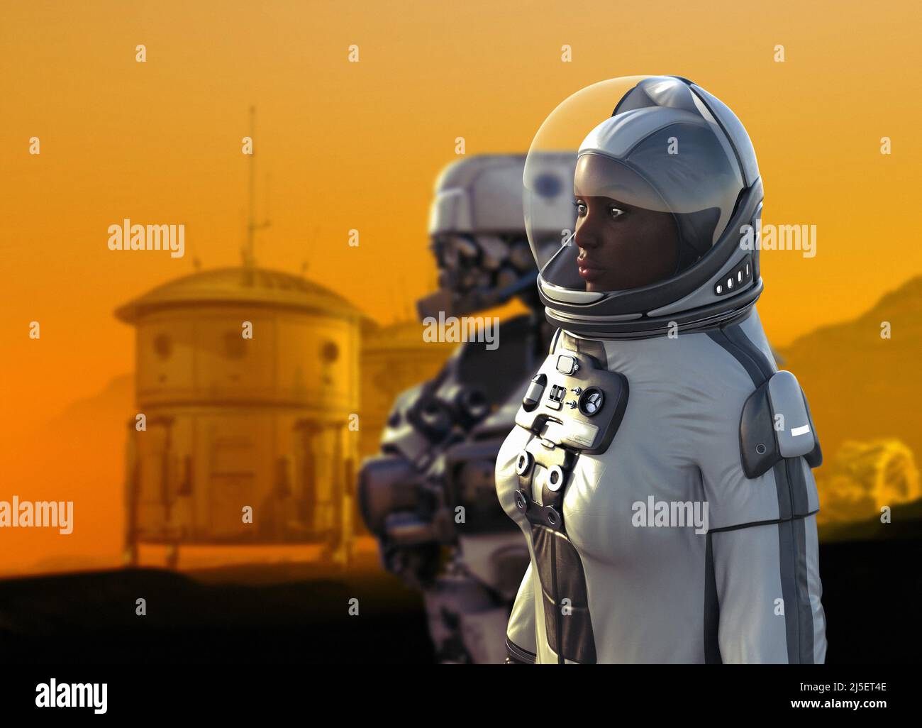 Astronaut with a robot on Mars, illustration Stock Photo