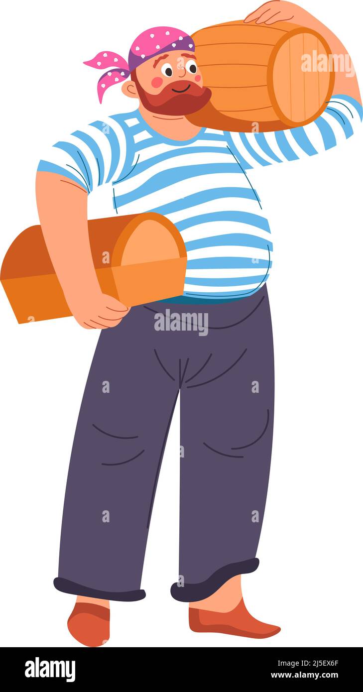Male character wearing sailor tshirt carrying wooden barrels with rum whiskey or cognac alcoholic beverages. Cask with alcohol drink, traditional carg Stock Vector