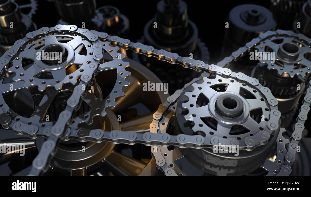 Cogwheels and Chain - 3D Rendering Stock Photo