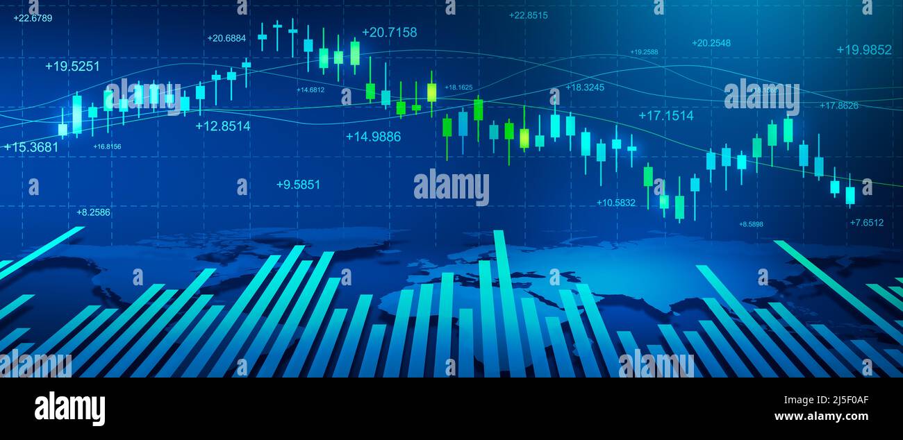 Stock graph and chart with business candlestick. Financial static analysis with growing financial charts. Online trading, Investment, Strategy market Stock Photo