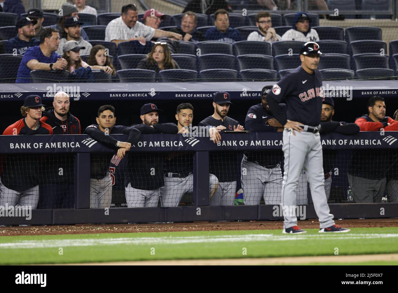 Bronx, USA. 22nd Apr, 2022. The Cleveland Guardians stand on the dugout