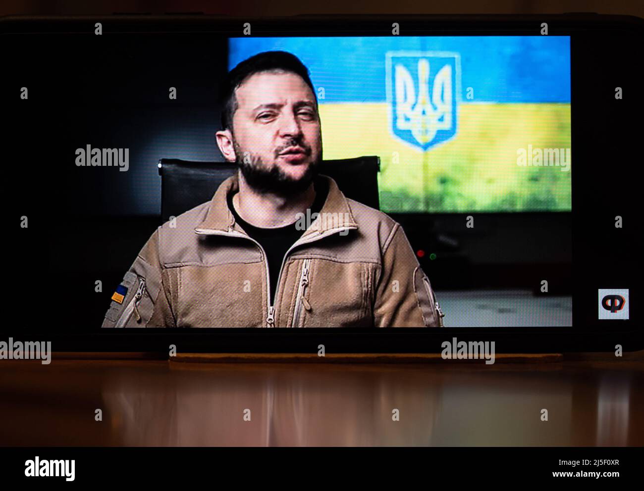 Vilshofen On The Danube, Germany. 22nd Apr, 2022. A screengrab of Volodymyr Zelensky's late-night TV address. The President noted that the Armed Forces of Ukraine are fiercely resisting the invaders and have become a real bastion of Ukrainian statehood and national identity. (Photo by Igor Golovniov/SOPA Images/Sipa USA) Credit: Sipa USA/Alamy Live News Stock Photo